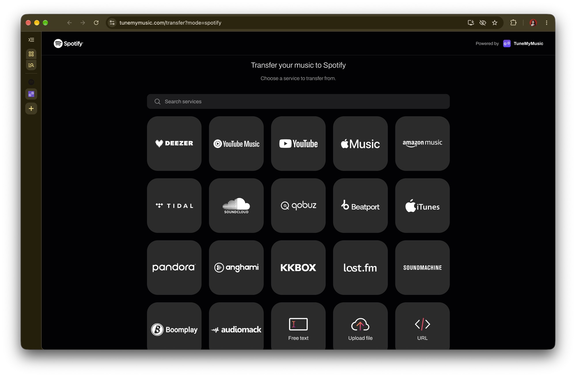 TuneMyMusic's source platforms: no NetEase Cloud Music